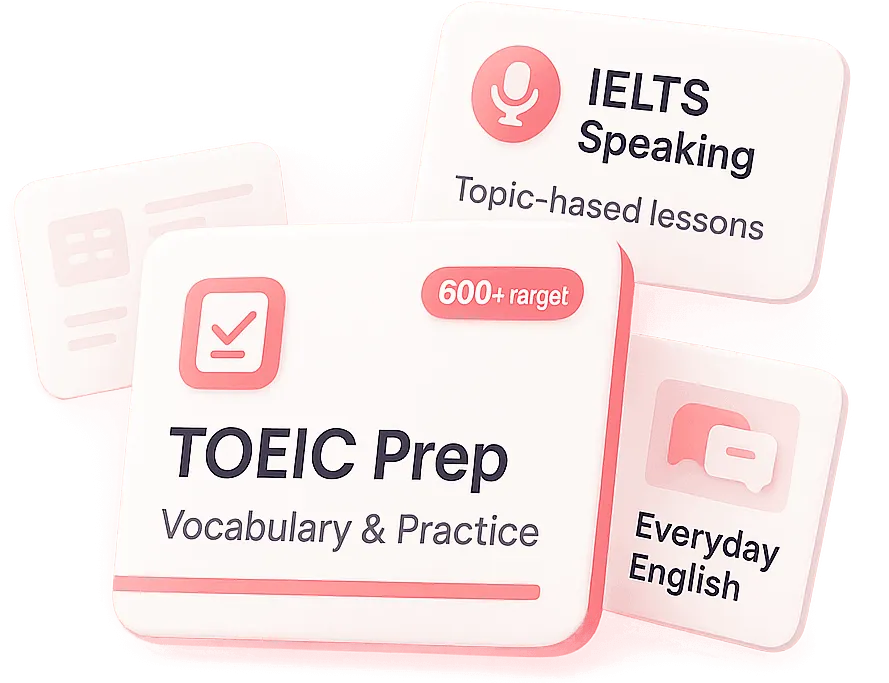 Course cards for TOEIC, IELTS, IT English and real-life English